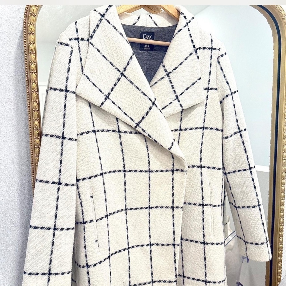 Dex Cream Windowpane Plaid Snap Front Jacket Coat | Size Medium